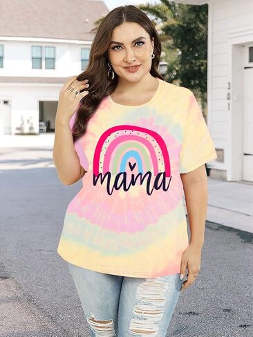Plus Size Mama Shirt Women Cute Mama Rainbow Shirts Funny Mom Life Tshirt Pregnant Mom Tee Tops in Saudi Arabia