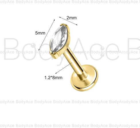 مسامير ثقب الجسم من BodyAce Gold F136 من التيتانيوم، أقراط غضروفية مسطحة الظهر ملولبة داخليًا مع ثقب مدبب، مسمار حلقي للشفاه 16 جرام من لابريت in Kuwait