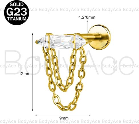 مسامير ثقب الجسم من BodyAce Gold F136 من التيتانيوم، أقراط غضروفية مسطحة الظهر ملولبة داخليًا مع ثقب مدبب، مسمار حلقي للشفاه 16 جرام من لابريت in Kuwait