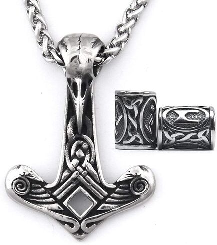 نورس فايكنغ رافين الجمجمة قلادة الفولاذ المقاوم للصدأ ثور المطرقة Mjolnir مجوهرات للرجال النساء، فايكنغ اللحية الخرز هدية in Kuwait