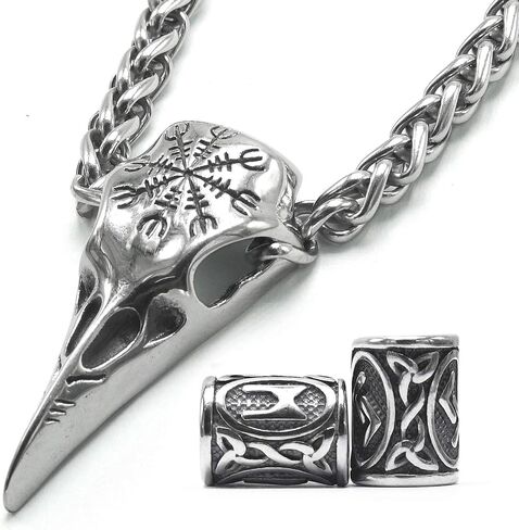 نورس فايكنغ رافين الجمجمة قلادة الفولاذ المقاوم للصدأ ثور المطرقة Mjolnir مجوهرات للرجال النساء، فايكنغ اللحية الخرز هدية in Kuwait