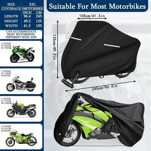 غطاء دراجة نارية، غطاء دراجة نارية عالمي عالي التحمل مقاوم للماء في الهواء الطلق مع فتحات قفل وحقيبة تخزين، حماية من أشعة الشمس فوق البنفسجية، مقاوم للغبار والثلج، متين، يناسب حتى 96.5 بوصة غطاء مركبة للدراجات النارية in Kuwait