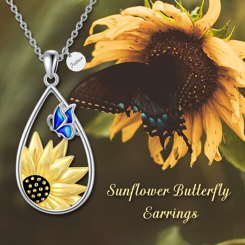 Sunflower Teardrop Necklace with Blue Butterfly Sterling Silver Sunflower Necklace for Women Teen Girls in Saudi Arabia