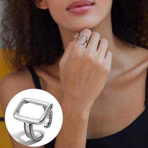 Minimalist Simple Geometric Square Ring,925 Sterling Silver Adjustable Open Rectangle Rings,Fashion Statement Rings For Women in Saudi Arabia