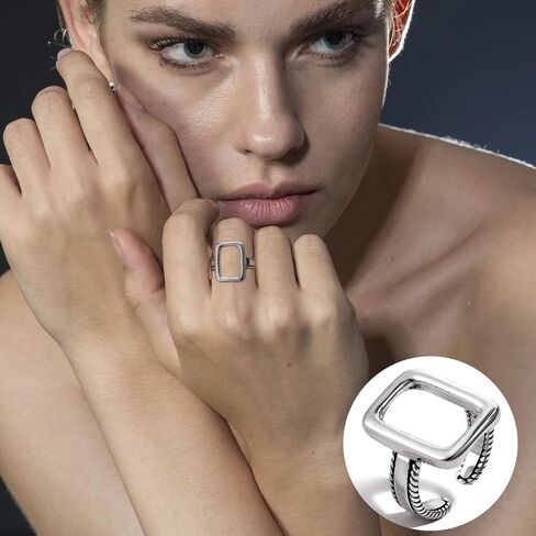 Minimalist Simple Geometric Square Ring,925 Sterling Silver Adjustable Open Rectangle Rings,Fashion Statement Rings For Women in Saudi Arabia