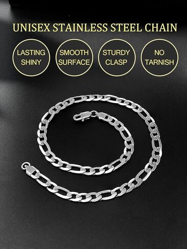Stainless Steel Figaro Chain Necklace for Men Women, Real Gold/Black Plated Chains, 4/6/7/9mm width,18"-30" Length Jewelry Gift, Send Gift Box in Kuwait