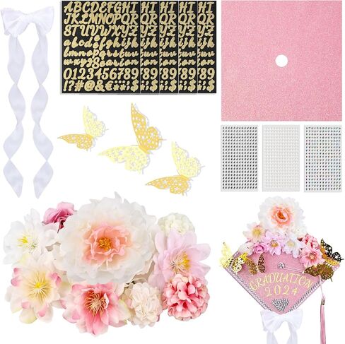 Graduation Cap Decorations Kit Glitter Paper with Faux Flowers 3D Butterfly Stickers Letter Number Stickers and Rhinestones Stickers- DIY Graduation Cap Craft Art Photo Decoration (Black+Pink) in Saudi Arabia