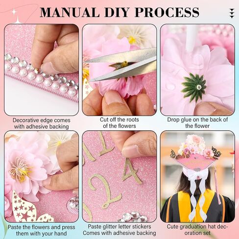 Graduation Cap Decorations Kit Glitter Paper with Faux Flowers 3D Butterfly Stickers Letter Number Stickers and Rhinestones Stickers- DIY Graduation Cap Craft Art Photo Decoration (Black+Pink) in Saudi Arabia