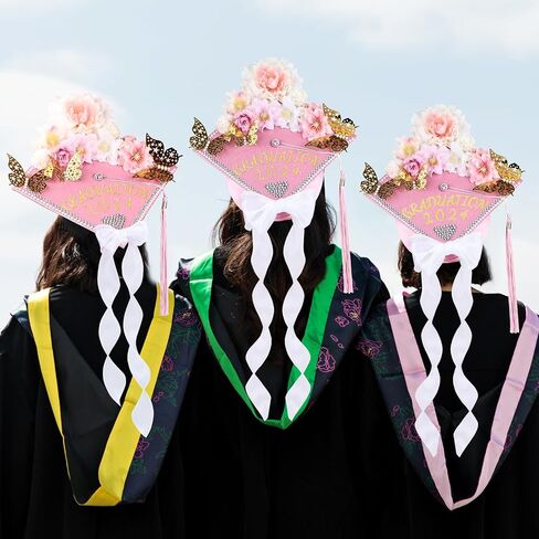 Graduation Cap Decorations Kit Glitter Paper with Faux Flowers 3D Butterfly Stickers Letter Number Stickers and Rhinestones Stickers- DIY Graduation Cap Craft Art Photo Decoration (Black+Pink) in Saudi Arabia