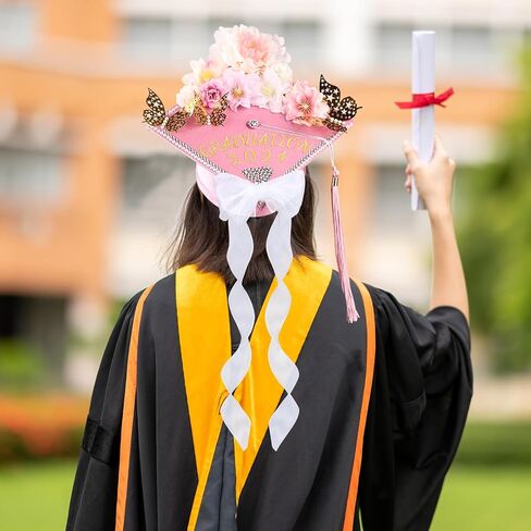 Graduation Cap Decorations Kit Glitter Paper with Faux Flowers 3D Butterfly Stickers Letter Number Stickers and Rhinestones Stickers- DIY Graduation Cap Craft Art Photo Decoration (Black+Pink) in Saudi Arabia