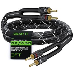 GearIT 10AWG Speaker Cable Wire with Gold-Plated Banana Tip Plugs (35 Feet) in-Wall CL2 Rated, Heavy Duty Braided, 99.9% Oxygen-Free Copper (OFC) - Black