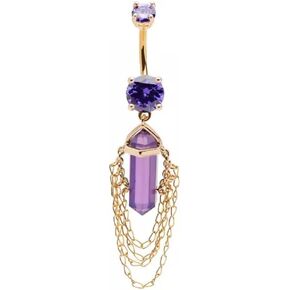 Pierced Owl 14GA 316L Stainless Steel Amethyst Crystal with 4 Tiered Dangling Chains Belly Button Ring