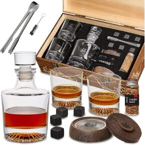 Whiskey Gift Set, 13 pcs Wooden Smoker + Old Fashioned Glasses - 2 pcs, in Wooden Box with Wood Chips, Whiskey Stones 6 pcs Included - Gift for Men (Torch Not Included)