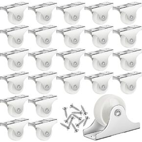 Maitys 24 Pcs 1" Small Casters Wheels Rigid Non Swivel Fixed Castor Wheels with Metal Top Plate Heavy Duty Mini Hard PP Plastic Roller Wheels for Furniture, Small Appliances with Screws, White