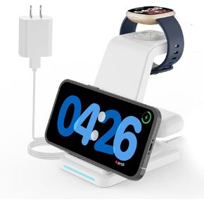 شاحن لاسلكي لساعة فيتبيت: محطة شحن JoyGeek 3 في 1 لـ Versa 4/Versa 3/Sense 2/Sense، قاعدة شحن الهاتف لهواتف iPhone وGoogle Pixel، لهاتف Galaxy، Airpods 3/2 (أسود حديدي)