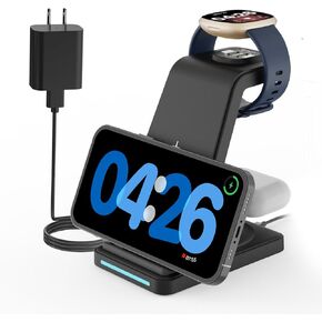 Wireless Charger for Fitbit: JoyGeek 3 in 1 Charging Station for Fitbit Versa 4/Versa 3/Sense 2/Sense, Phone Charger Stand for iPhone & Google Pixel Phone & Galaxy Phone, AirPods 3/2 (Black)