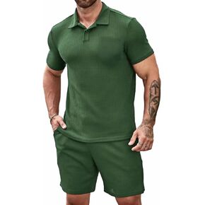 Men's 2 piece Casual outfit's Waffle Knit polo shirt's and short's set summer two pieces knitted sets