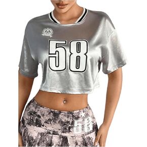 Verdusa Women's Metallic Letter Print Crop T Shirt Round Neck Short Sleeve Loose Tee Top