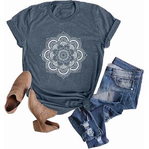 Anbech Women's Mandala Graphic Tees Lotus Flower Print Tshirts Short Sleeve Wildflower Tops