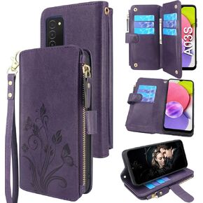 Lacass [Cards Theft Scan Protection 10 Card Slots Holder Zipper Pocket Wallet Case Flip Leather Cover Wrist Strap Stand Carrying Pouch for Samsung Galaxy A03S A02S (Floral Dark Purple)