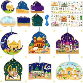 72Pcs Eid Mubarak Craft for Kids, Mosque Scene Stickers Make Your Own Ramadan Kareem Scene Bulk Gift Set for Home Classroom Game Activities Favors
