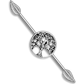 Pierced Owl - 14GA 316L Surgical Steel Burnished Silver Tree of Life Industrial Barbell with Leaf Ends