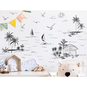 Tropical Palm Tree Wall Stickers Peel and Stick Plants Sunset Sailboat Wall Decals DIY Sunset Wall decals for Nursery Bedroom Living Room Classroom Mural Art Decorations