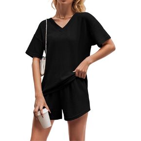 QIXING Womens Short Sleeve Loose Outfits Waffle Knit Pajama Sets V Neck Sleepwear Casual Sweatsuit