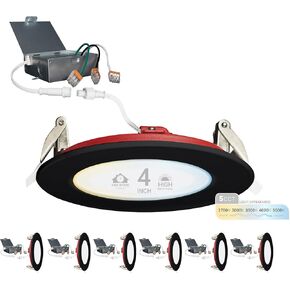NUWATT 4 Inch 2 HOUR FIRE RATED LED Recessed Light, Selectable 2700K/3000K/3500K/4000K/5000K, 900 Lumens, Dimmable, IC Rated, Ultra-Thin Black Trim Canless LED Downlight, No Tenmat Needed, 6 Pack