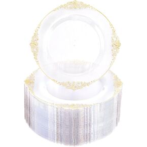 Morejoy 100 Pieces Rose Gold Plastic Plates - Rose Gold Disposable Plates - 10.25inch White Plastic Dinner Plates With Rose Gold Rim for Weddings & Parties & Shower
