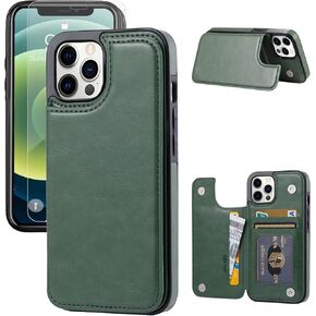 Wallet Case Compatible with iPhone 12 Pro/12,Slim Protective case with Card Holder,Premium PU Leather Kickstand Card Slots Case with 1 Protective Glass for iPhone 12pro/12(6.1") -Black