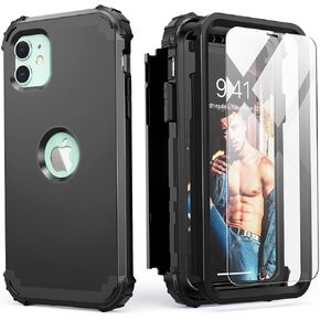 IDweel for iPhone 11 Case with Tempered Glass Screen Protector,Hybrid 3 in 1 Shockproof Slim Heavy Duty Protection Hard PC Cover Soft Silicone Bumper Full Body Case, Black