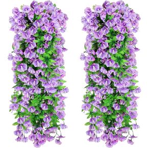 2PCS Artificial Hanging Flowers, UV Resistant Fake Plastic Faux Hanging Plants Morning Glory Vines for Indoor Outdoor Home Room Garden Porch Eave Wedding Wall Décor (Pink)