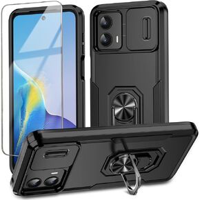 for Motorola Moto G Stylus 5G 2023 Case with Slide Camera Cover,Tempered Glass Screen Protector,Full Camera Protection Ring Kickstand Military Grade Shockproof Blue
