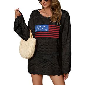 Women's Long Sleeve Swimsuit Cover Up American flag Hollow Out Bathing Suit Crochet Coverups