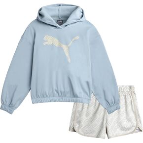 PUMA Girls Active Shorts Set - 2 Piece Performance Pullover Hoodie and Athletic Shorts - Cute Athletic Outfit for Girls (S-L)