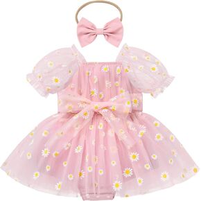 ODASDO Baby Girl First Birthday Party Dress Cake Smash Outfit Newborn Princess Tulle Tutu Romper Puff Short Sleeve Bodysuit