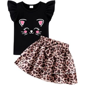 Girls Skirt Set 2 Piece Outfit Toddler Summer Clothes Ruffle Sleeve T-Shirt Bow Knot Tutu Skirt Outfit Set