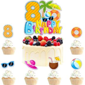 7-Piece Hawaiian Themed Happy 3rd Birthday Cake Topper Set for Kids - Hawaiian luau party, boys and girls birthday party or pool party palm tree decorations - LIANGSS