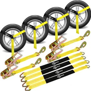 Trekassy 2"x 144" Car Tie Down Straps for Trailers Heavy Duty, 10000lbs Break Strength, 4 Pack Steel Ratchet, 4 Tire Straps, 4 Axle Straps (Black)