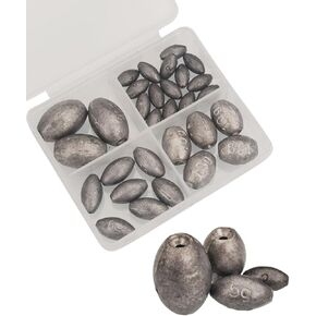Oval-Shaped Fishing Sinker Weights Egg Bullet Weights with Inner Core Fishing Weight Sinkers Assortment 18pcs/30pcs for Saltwater Freshwater Fishing