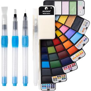 MEEDEN Travel Watercolor Paint Set: 42 Assorted Colors Portable Water Color Palette Including 7 Pearlescent and 5 Macarone Colors with 4 Brushes