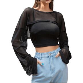 GORGLITTER Women's Mesh Crop Shrug Sweater Long Sleeve Super Crop Shirts Tops