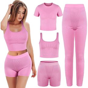 4 Pieces Workout Sets for Women, Ladies Casual Exercise Outfits Elastic Legging Fitted T Shirt Crop Tank Top Shorts