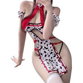 SNOMYRS Cow Bikini Cosplay Lingerie Maid Outfit Kawaii Cow Print Cheongsam With Stocking