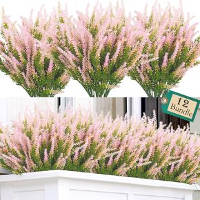 Grunyia 12 Bundles Artificial Lavender Flowers Outdoor UV Resistant Fake Flowers Faux Plastic Plants Garden Porch Window Box Decorating (Red)
