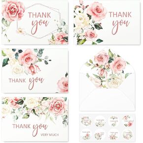 AnyDesign 32 Pack Thank You Cards with Envelopes Stickers Blush Floral Blank Note Cards Bulk 4 Design Flower Thank You Greeting Cards for Wedding Baby Shower Bridal Shower and All Occasions, 4 x 6
