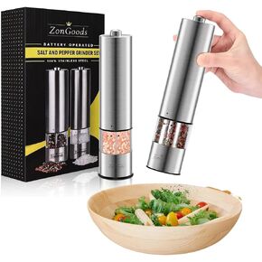 Automatic Salt and Pepper Grinder Set with Light - Battery Operated Salt and Pepper Shakers Set - Stainless Spice Grinders for Kitchen - Electric Salt and Pepper Ceramic Grinder Set