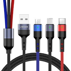 USAMS كابل USB متعدد 1 قدم 2 حزمة قصيرة 3 في 1 كابل شحن مهايئ نايلون مضفر مع موصلات منفذ USB صغير من النوع C للهواتف المحمولة والمزيد in Kuwait