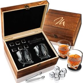 مجموعة هدايا Mantello Whisky Stones للرجال - مجموعة من زجاج الويسكي مكونة من قطعتين مع أحجار الويسكي المصنوعة من الفولاذ المقاوم للصدأ - هدايا الويسكي للرجال، نظارات الويسكي وصخور أحجار الويسكي